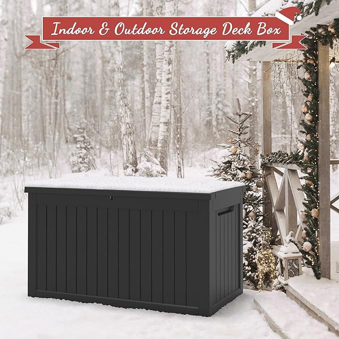 NUNU LAB 230 Gallon Outdoor Storage Box, Large Resin Deck Box with Lockable Lid, Waterproof & UV-Resistant Patio Storage Bin for Garden Tools, Pool Accessories & Furniture, Black