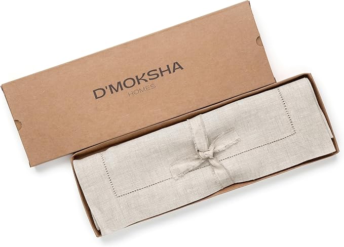 D'Moksha Homes Linen Light Natural Table Runner 108 Inches Long - 100% Pure Linen 14 x 108 Inch Table Runner for Valentines, Spring, Easter - Classic Hemstitch
