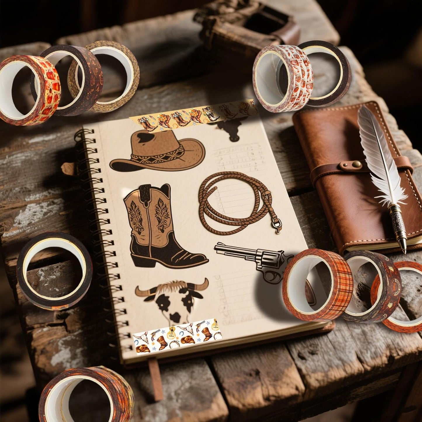 12 Rolls Western Washi Tapes, Wild West Cowboy Masking Tapes, Cowboy and Cowgirl Decorative Adhesive Stickers for Handbook Sticker Scrapbook Journaling Party Supplies DIY Craft Gift Wrapping 16.4FT