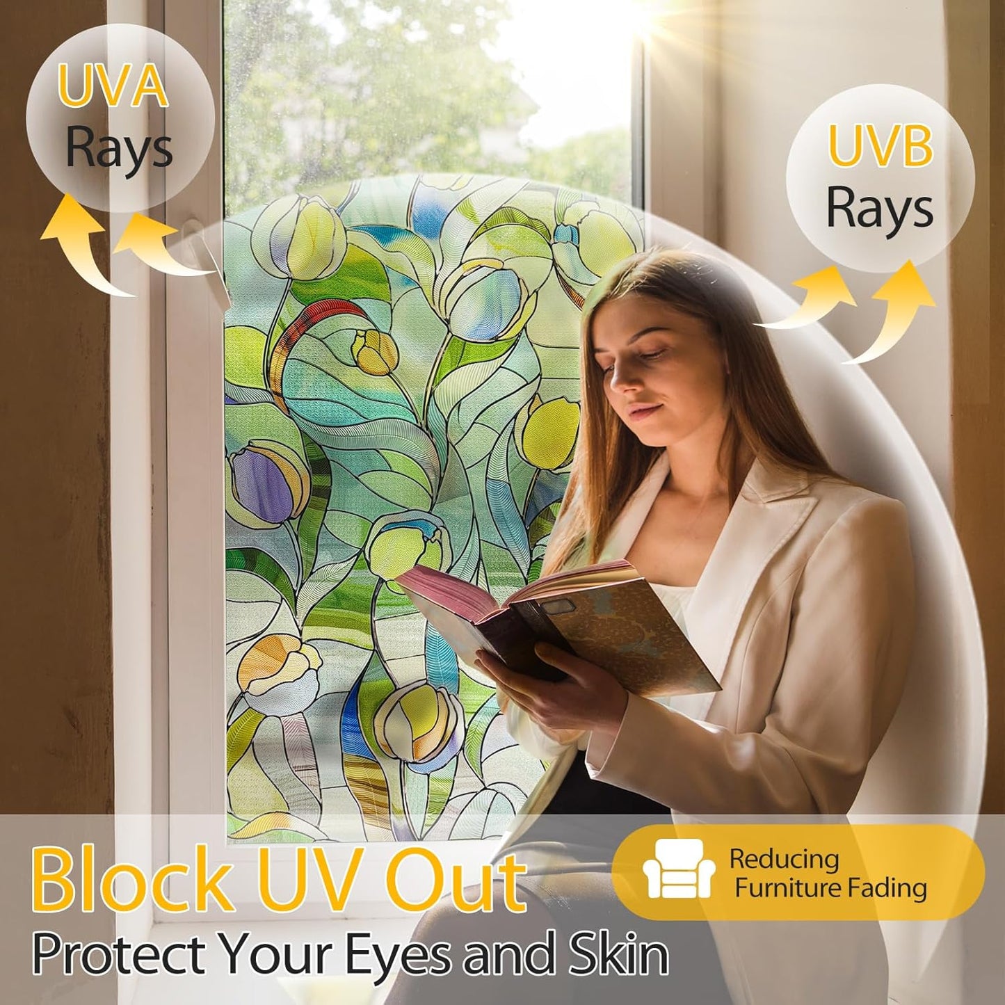 3D Stained Glass Window Film, Decorative Window Privacy Film for Bathroom,Front Door,Home, Sun Blocking Heat Control,Static Cling, Moonlight Tulip, 23.6inch x 35.4inch