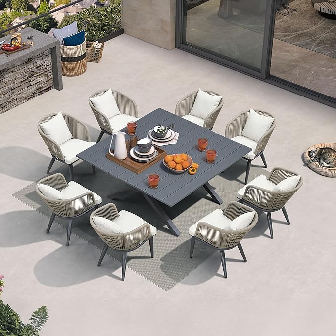 PURPLE LEAF 9 Pieces Outdoor Metal Furniture Set Patio Conversation Sets Dining Set, 1 Square Dining Table and 8 Modern Chairs with Cushions Seat Taupe