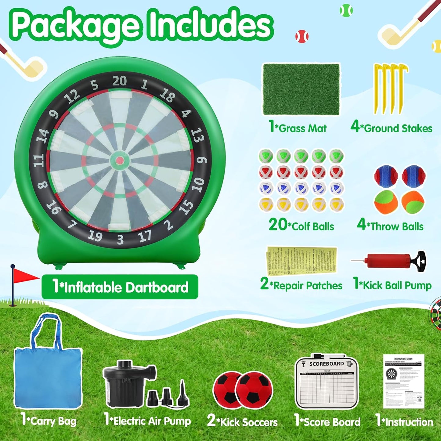 6FT Inflatable Dartboard, Giant Kick Darts Soccer Darts Golf & Throw Dart with Air Pump, Giant Outdoor Games, Blow up Soccer Dart for Yard Party Large Dartboard for Kids & Adults 20+Games
