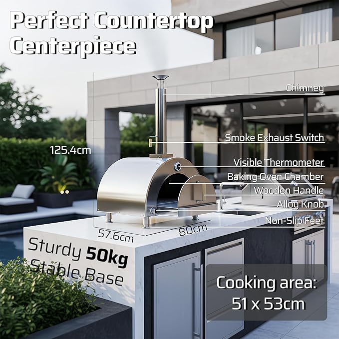 Gas Pizza Oven 16 Inch - 600°C Stainless Steel 304 Table Top Pizza Oven for Outdoor Use, Countertop Pizza Maker with Double-Layer Insulation for Backyard, Patio, Outdoor Kitchen (natural)