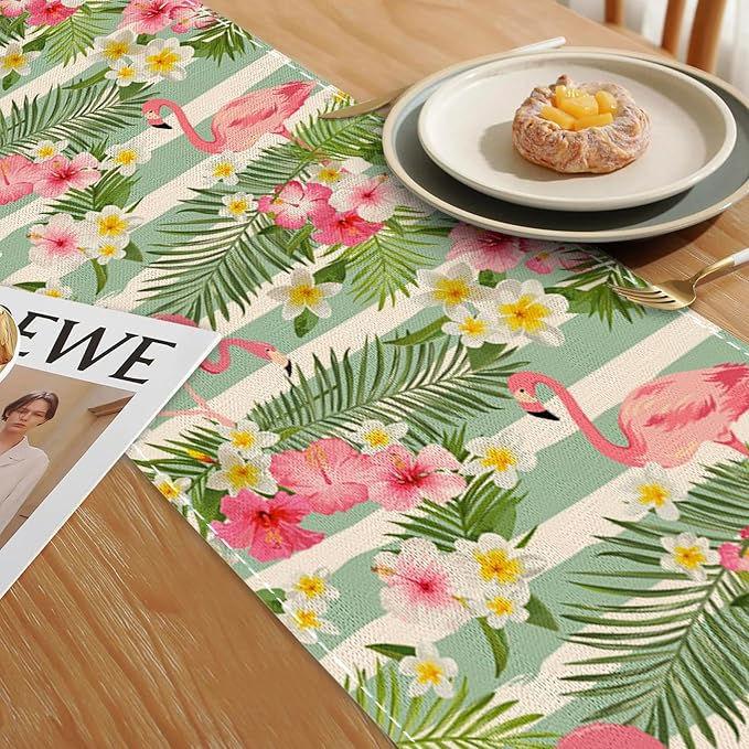 Flamingo Palm Leaf Hibiscus Table Runner Dresser Scarves Seasonal Linen Tablerunner for Indoor Outdoor Kitchen Home Party Holiday Dining Table Decor 13 X 70 Inch