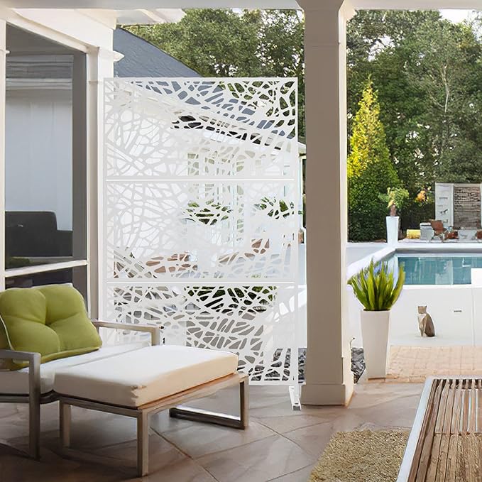 Elevens Free Decorative Privacy Screen with Stand, Outdoor Decor Privacy Fence Screen Metal Fence Panels, Outdoor Divider for Garden Patio Backyard, White-Web (A-GE04004)