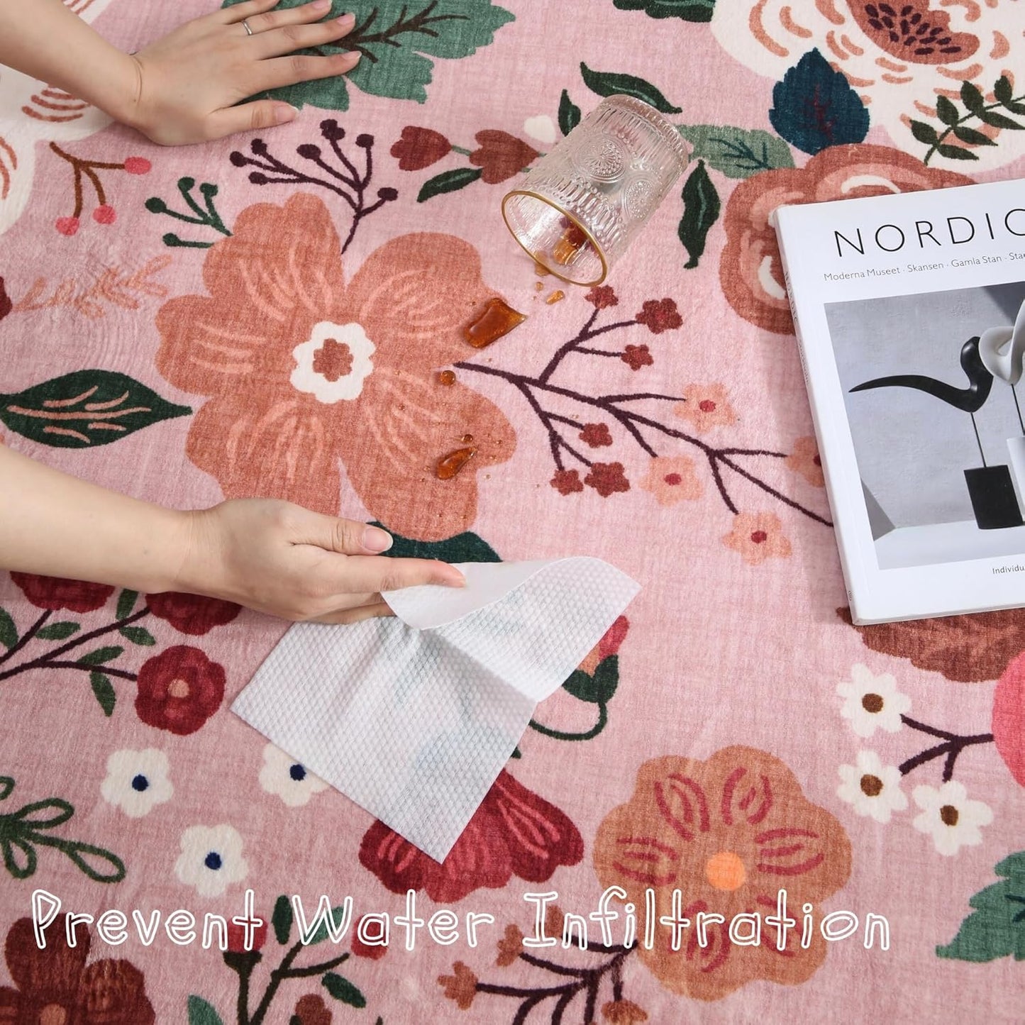 Rugcomf Round Rug 6ft Washable Circle Rug Non Slip Low Pile Boho Floral Small Circular Rug for Bedroom, Bathroom, Entryway, Kids Room, Office, College Dorm(Pink)