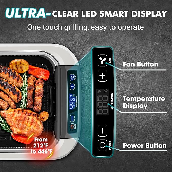 CUSIMAX Smokeless Grill, Korean Grill, 1500W Electric BBQ Grill with Tempered Glass Lid & LED Smart Display, Non-stick Removable Grill Plate, Off-White