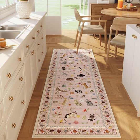 Rugcomf Runner Rug for Kitchen Non Slip 2'6''x8' Washable Rugs with Rubber Backing Soft Floral Animal Cat Carpet Runner for Kitchen Laundry Bedroom Bathroom, Pink
