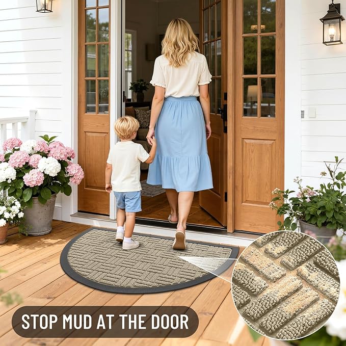 OLANLY Half Circle Door Mat Outside Entrance 29.5x17, Absorbent, Heavy Duty Sturdy Natural Rubber Doormat Indoor Outdoor, Fade Resistant, Non-Slip Backing Low Profile Floor Mat for Entryway, Beige
