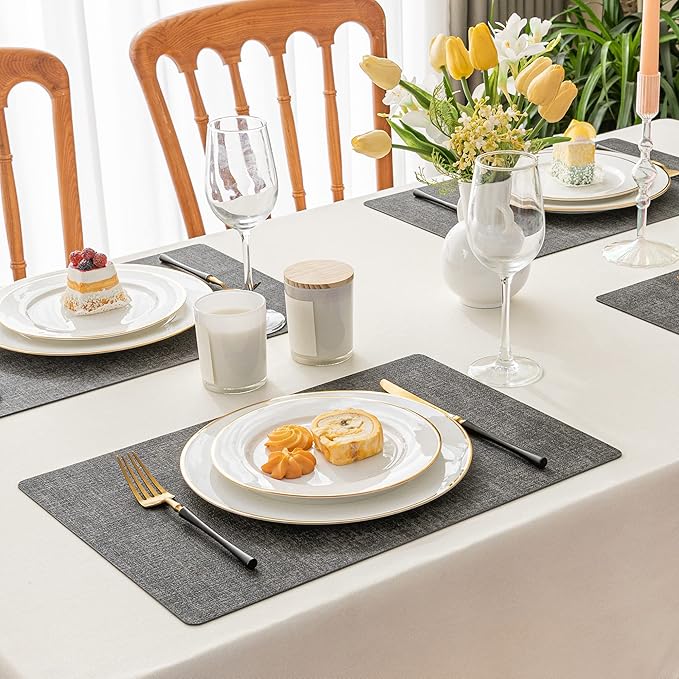 Romanstile Vinyl Placemats Set of 12-12 X 17 Inch - Heat Resistant Place Mats 100% Waterproof Oilproof Wipeable Reversible Faux Leather Table Mats for Kitchen, Dining, Party, Outdoor, Dark Grey