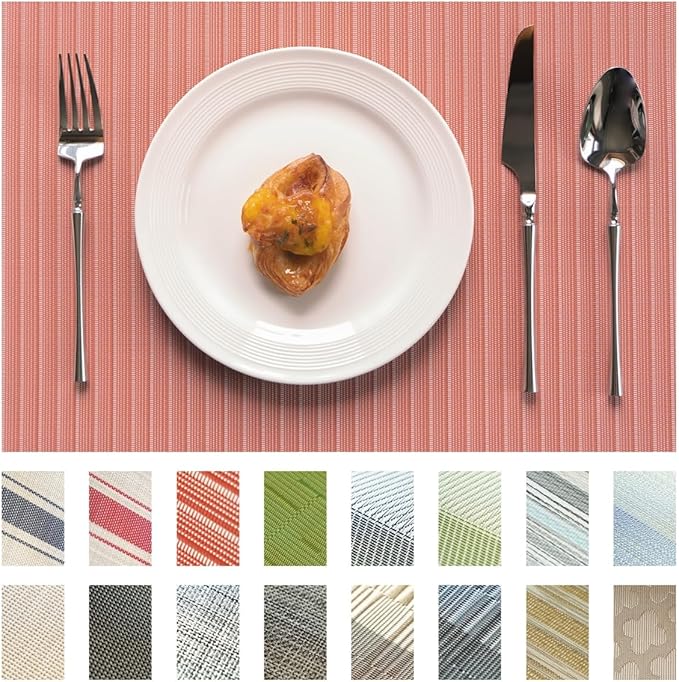 Placemats Set of 4 Vinyl/Plastic Woven Place Mats for Kitchen Table Indoor/Outdoor Washable Placemat Wipeable Dining Table Mats (Red Stripes,4)