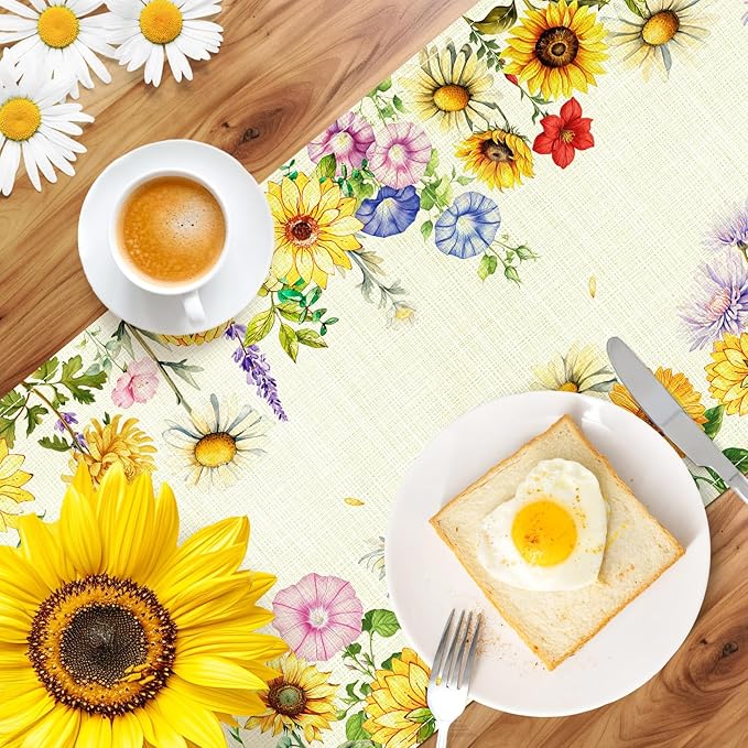 Tulip Lavender Spring Table Runner, Summer Seasonal Holiday Anniversary Kitchen Table Decorations, Indoor Outdoor Home Party Decor (Colorful Sunflowers, 13×72 Inches)