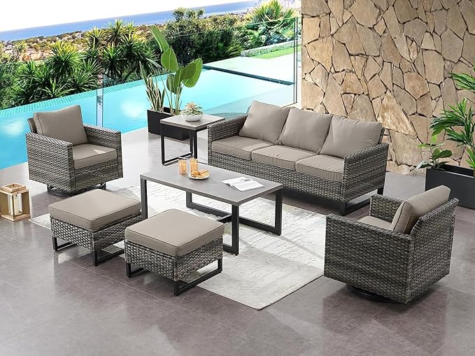 HUMMUH Outdoor Ottomans for Patio Set of 2 PE Wicker Outdoor Footstool with Removable Weather-Resistant Cushions for Patio, Backyard