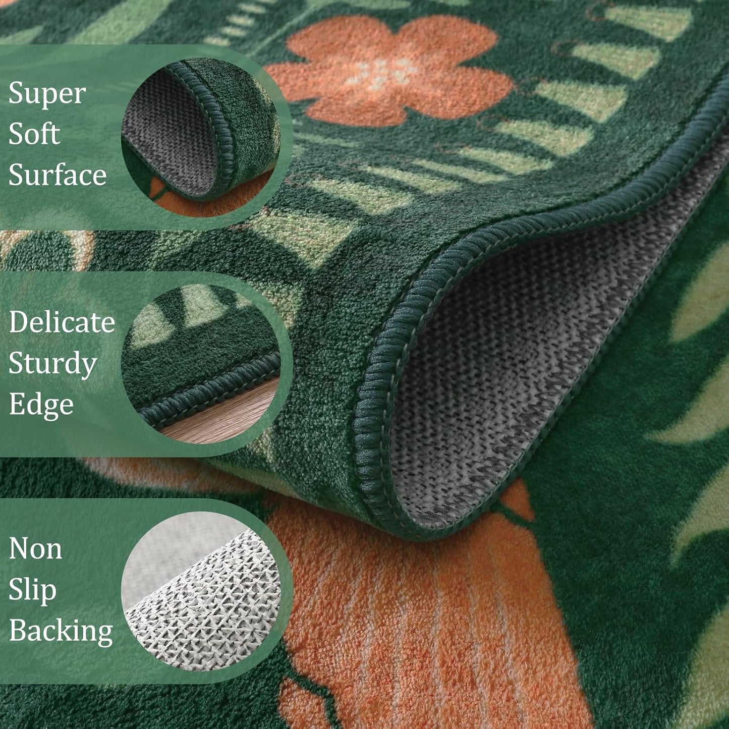 Morebes Washable Floral 5x7 Green Area Rug for Living Room, Large Boho Bird Rug for Bedroom Non Slip, Soft Vintage Plant Floor Carpet for Nursery Dining Kids Room Playroom Emerald Green