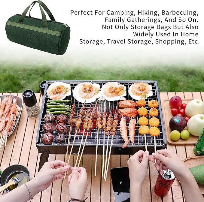 Grill Accessory Storage Bag, 24"" Extra Thick Canvas Grill Utensil Storage Bag, Double Zipper Grill Tool Storage Bag, BBQ Tool Storage Bag Carry Bag for Camping Hiking Barbecue, Dark Green
