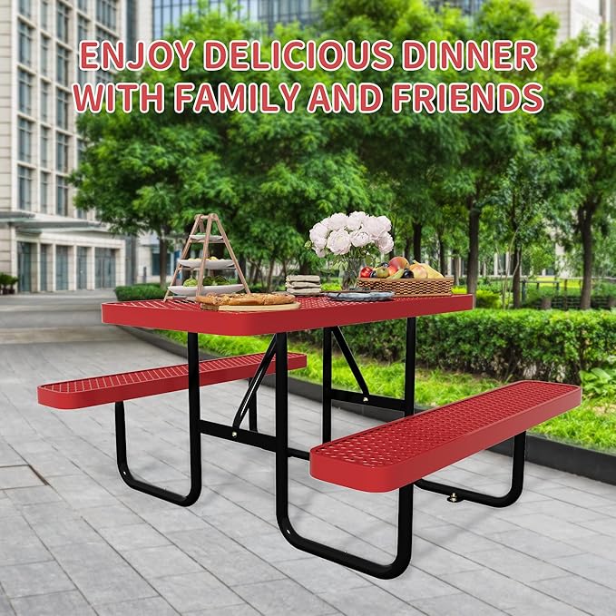 4FT Picnic Tables for Outdoors, Rectangular Commercial Metal Picnic Table Bench Set with Umbrella Hole,Heavy Duty Steel Weather-Resistant Dining Table for Patio Dining Garden Backyard BBQ School