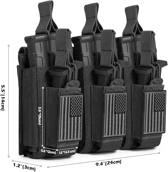 Open-Top Single/Double/Triple Molle Mag Pouch for 5.56mm M4 M16 AK AR Glock M1911 9mm Elastic Rifle Magazines Pistol Mag Pouches Holder Carrier with USA Flag Patch