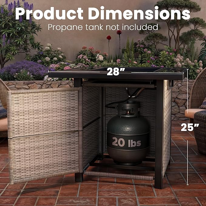 Propane Outdoor Fire Pit Table, 28" Rattan Square Fire Pit Table, Outdoor Gas FirePit With Glass Wind Guard, Tempered Glass Tabletop, Lid, CSA Listed, 50,000 BTU, Outside Patio & Garden, Grayish-White