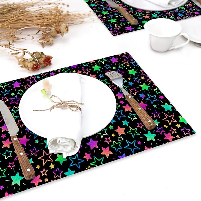Neon Stars Placemats Set of 6 Linen Heat Resistant,Rainbow Glittering Table Mats Washable Rustic Place Mats Decoration for Home Kitchen Dining Room Party 12x18 Inch