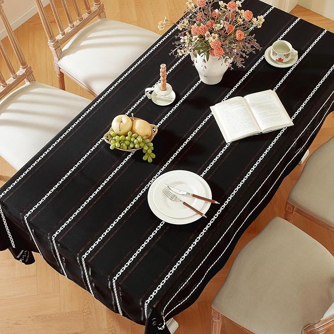 Chassic 60 x 84 inches Farmhouse Style Linen tablecloths, Wrinkle Resistant Washable Dining Room Table Cloths for Rectangle Tables - Hemstitch Black