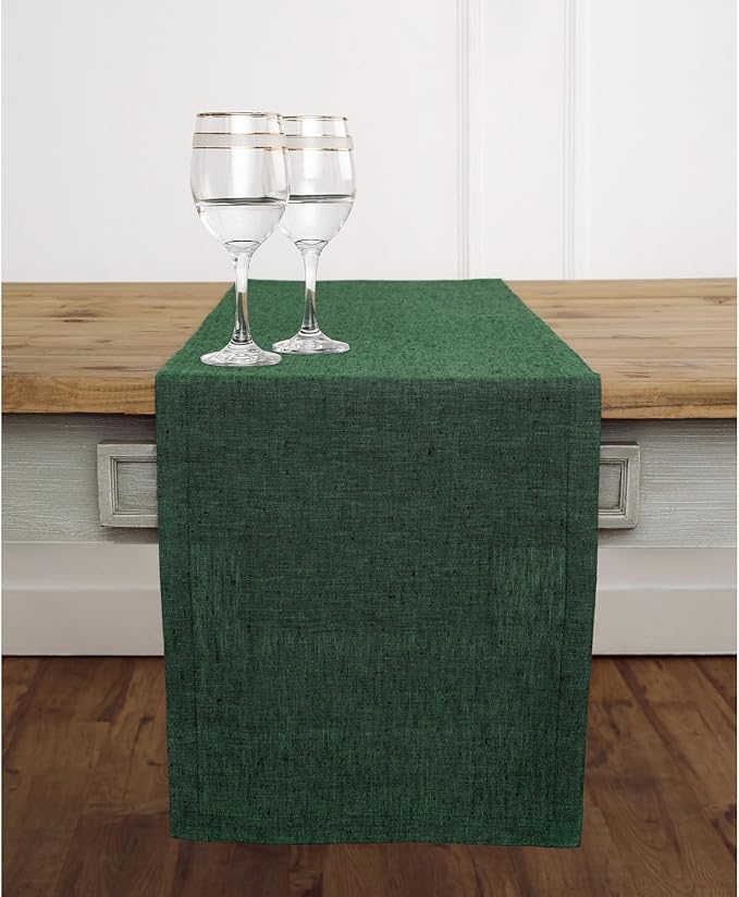 Solino Home Linen Table Runner 156 Inches Long - Athena, 100% Pure Linen Forest Green Table Runner 14 x 156 Inch for Dining, Easter, St Patricks Day