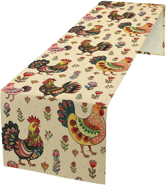 Rustic Farm Animal Table Runner, Vintage Rooster Boho Flowers Table Runner for Kitchen Dining Holiday Home Party 13x36in