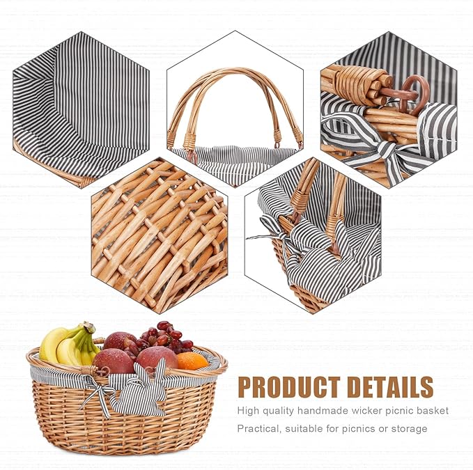 G GOOD GAIN Oval Picnic Basket with Folding Handles, Willow Hand Woven Shopping Basket, Bath Storage Gift Packing Basket, Wicker Empty Easter Eggs and Candy Small Gift Basket. Grey