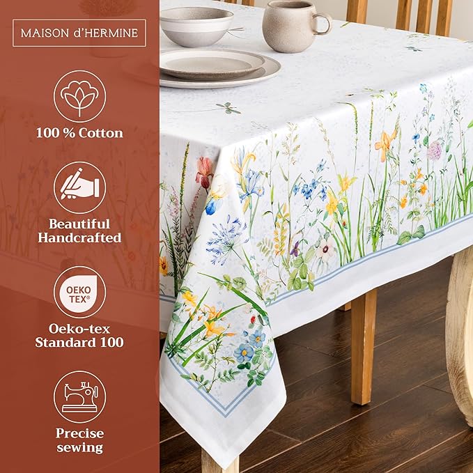 Maison d' Hermine Table Cloth Rectangle Table 100% Cotton 70 x 140 Inches Tablecloth Reusable Decorative for Dining Room, Farmhouse, Home, Party, Festive & Wedding Spring Summer - Fleurs De Mai