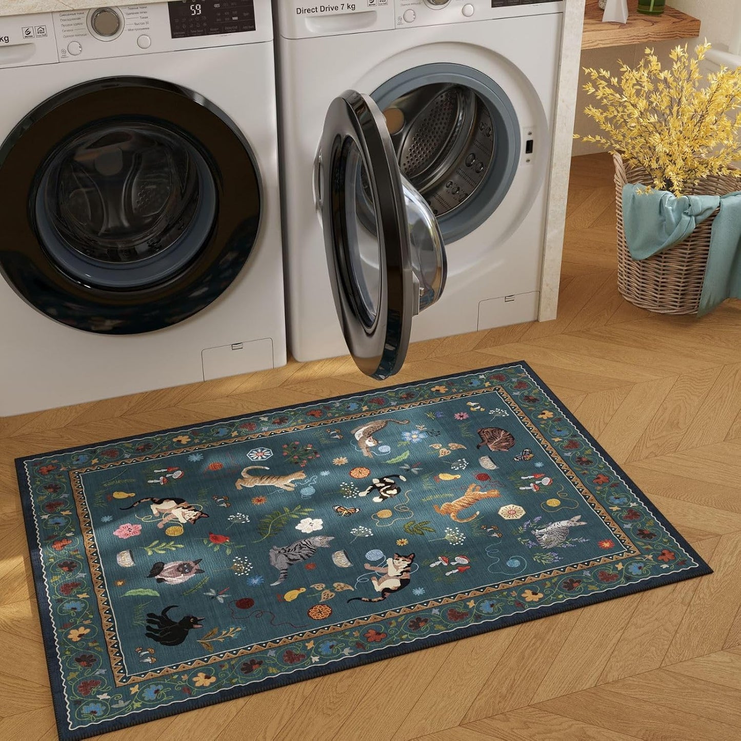 Rugcomf Door Mat Indoor Entrance 2x3 Rug Machine Washable Boho Floral Animal Cat Small Area Rug Non-Slip Low Pile Throw Rugs for Entryway Kitchen Front Door Indoor Entry Kids Room, Pearl Gentian Blue