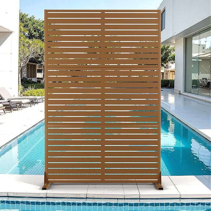 Metal Privacy Screen for Outdoor & Indoor Use, Free Standing Privacy Screen for Patio Garden Pool, 72" H x 47" W Decoative Privacy Panels, Weather Resistant, Easy Assembly (Brown Louvered)