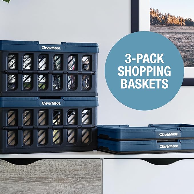 CleverMade Collapsible Shopping Basket, Ocean, 3PK - 24L (6 Gal) Reusable Plastic Grocery Shopping Baskets, Holds 25lbs Per Basket - Small Foldable Storage Crates with Handles