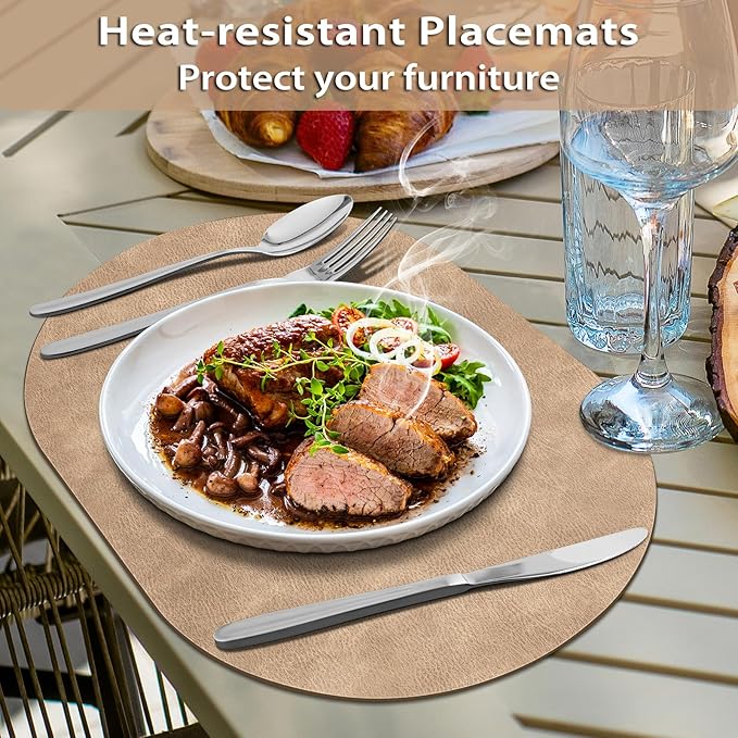 ADRIMER Placemats, Heat Resistant Oval Placemats Set of 4 Washable 12 x 17 Inch, Waterproof Table Placemats Set of 4, Wipeable Faux Leather Placemats for Kitchen, Dining Room, Apricot