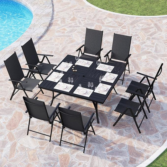 PHI VILLA 9 Piece Patio Dining Set, Outdoor Dining Furniture Patio Table Set with Adjustable Portable Patio Folding Chairs (Black) & Large Square Outdoor Dining Table for Yard, Garden and Lawn