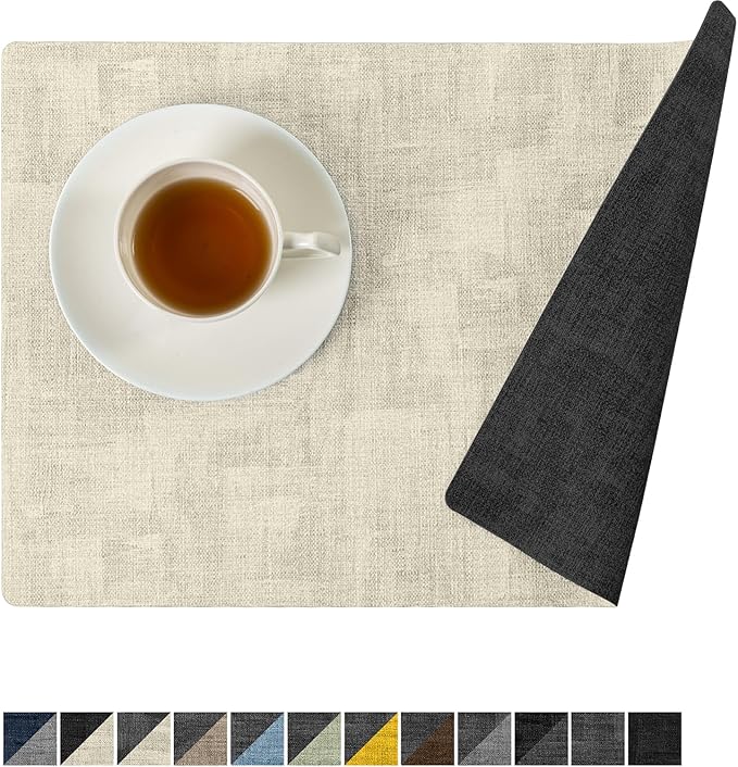 Romanstile Reversible Vinyl Placemats Set of 4, Faux Leather 100% Waterproof Oil-Proof Wipeable Place Mats, Heat Resistant Dual Sided Table Mats for Kitchen/Dining/Party (Grey Beige, 12 x 17 Inch)