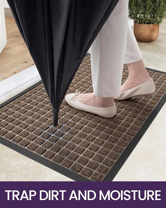 DEXI Front Door Mat Outside Entrance, 17x29 Rubber Entry Doormat Heavy Duty, Welcome Mats Non Slip for Inside House Floor Entryway Double Doors Exterior Patio, Checkered Brown