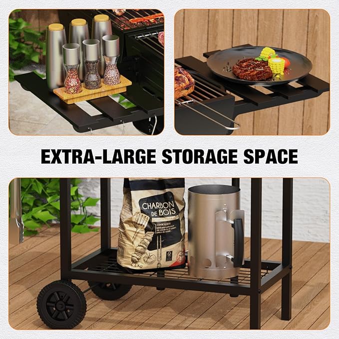 Extra Large Charcoal Barbecue Grill, 871 Sq. In. Cooking Space, Outdoor Barrel BBQ Grill with 2 Foldable Side Tables for Outdoor Backyard Patio Picnic Parties Camping, Black
