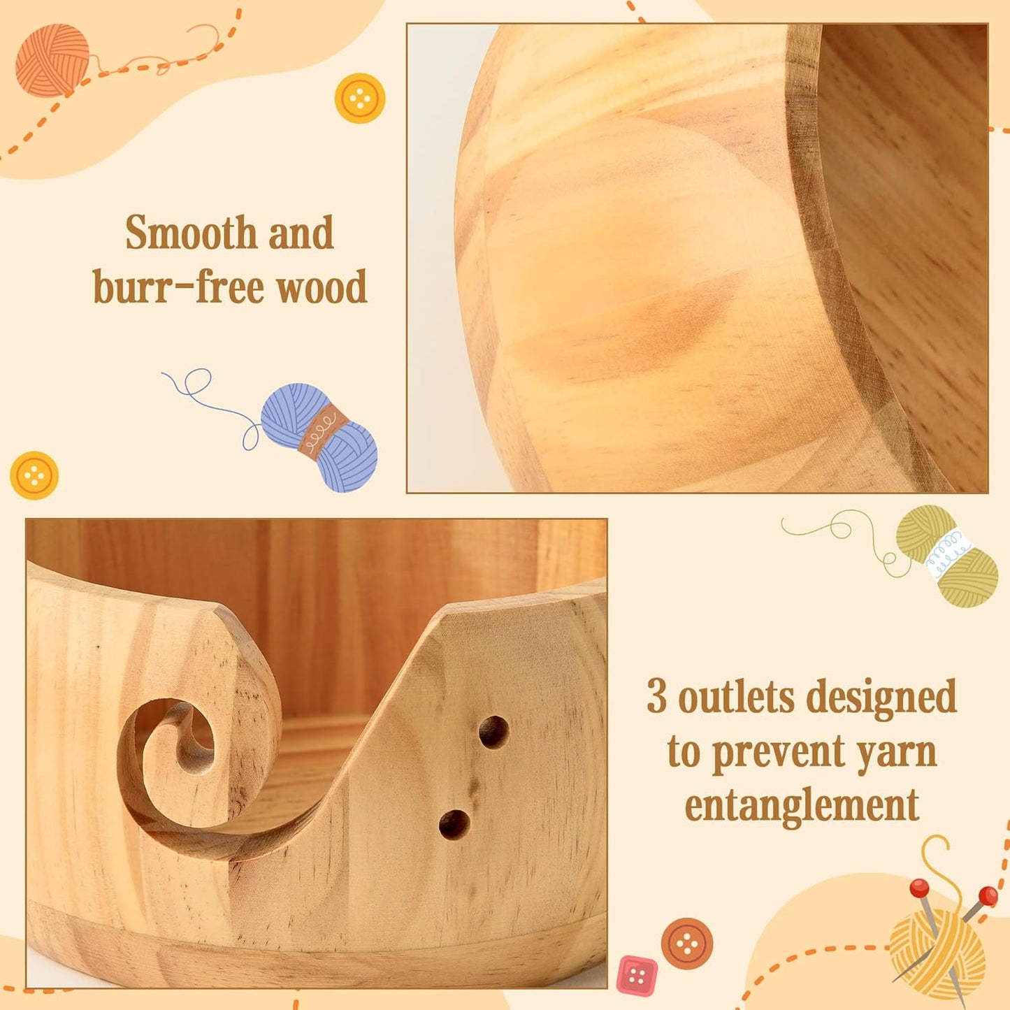 WATINC Wooden Yarn Bowl Holder Set - Large Crochet Yarn Storage Bowls with 9pcs Metal Knitting Hooks, Adjustable Loop Ring Stitch Markers with Box Crochet Gifts for Knitters Crocheters (Natural)