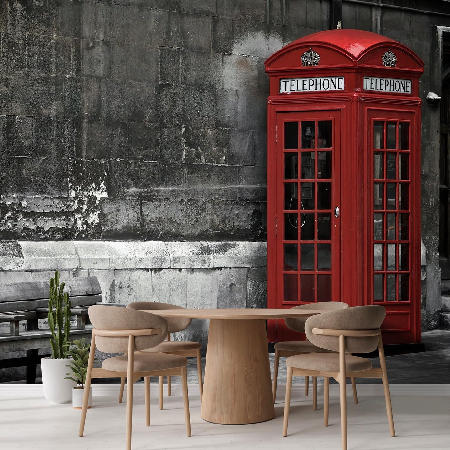 wall26 British Phone Booth in London, United Kingdom Removable Wall Mural | Self-Adhesive Large Wallpaper - 132x120 inches