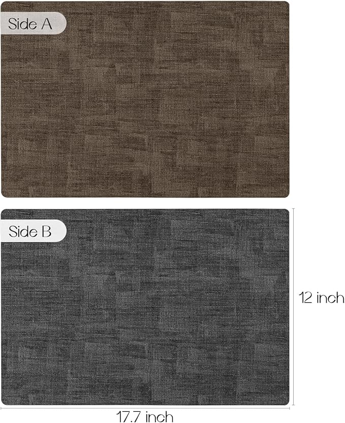 Romanstile Reversible Vinyl Placemats Set of 4, Faux Leather 100% Waterproof Oil-Proof Wipeable Place Mats, Heat Resistant Dual Sided Table Mats for Kitchen/Dining/Party (Grey Brown, 12 x 17 Inch)