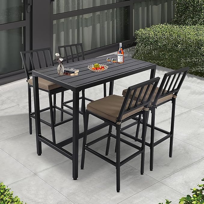 Outdoor Patio Bar Set, Bar Height Patio Dining Set, Weather-Resistant Bistro Counter Pub Set with Cushions & Slatted Tabletop for Backyard