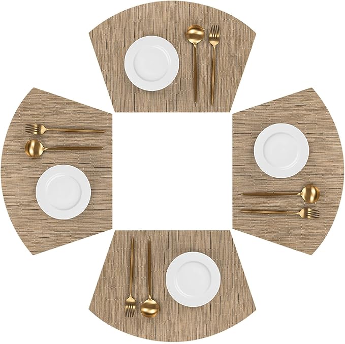 SHACOS Wedge Shape Placemats Set of 4 Woven Vinyl Round Table Placemat Curved Place Mats Wipe Clean Dining Table Mats Home Table Decor (4, Tan)