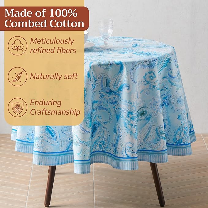 Maison d'Hermine Premium Table Cloth Round Table 100% Cotton 70 Inches Tablecloth Reusable Decorative Everyday Use for Dining Room, Farmhouse, Home, Party, Festive & Wedding - Paisley Blues