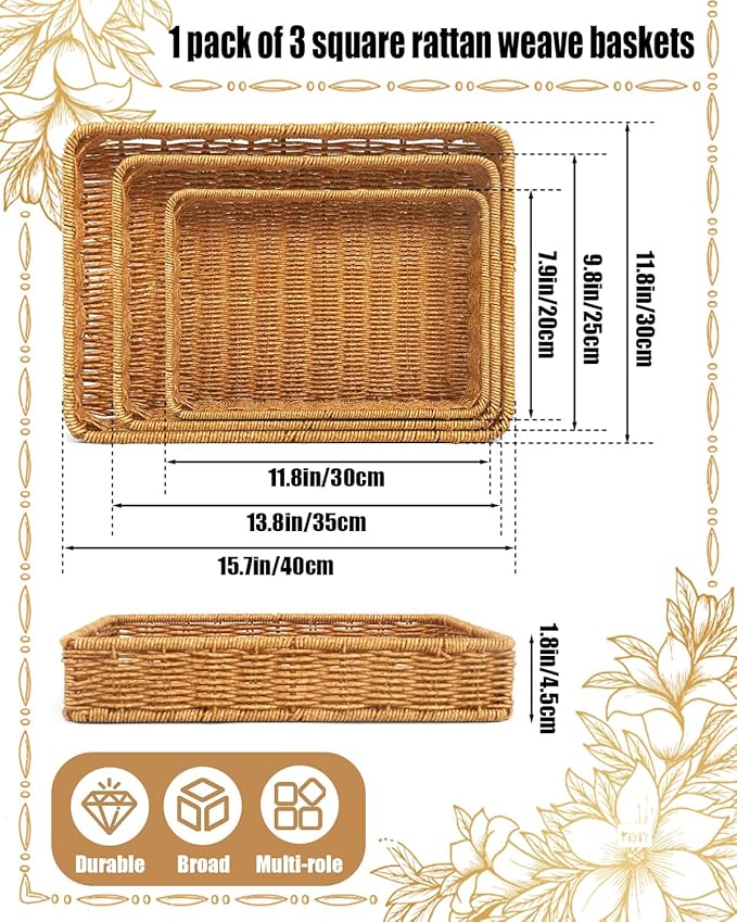 Woven Bread Basket, 3 Pack Wicker Fruit Baskets Rattan Bread Basket Poly Wicker Bread Baskets With Handles For Food Serving, Display, Vegetables, Home Kitchen, Restaurant, Outdoor (Rectangle set)