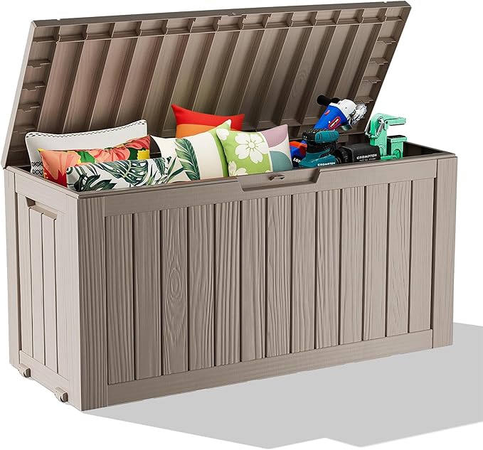 75 Gallon Waterproof Resin Deck Box, UV Resistant Outdoor Storage for Garden, Patio, Porch, Delivery, Light Brown
