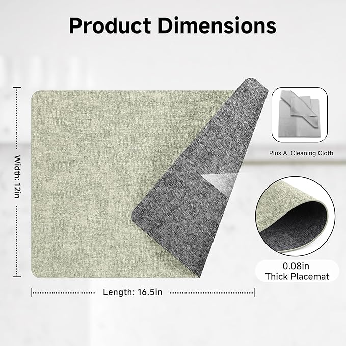 Faux Leather Vinyl Placemats Set of 6 Wipeable Heat Resistant Place Mats 100% Washable - Waterproof - Anti Slip Reversible Table Mats for Kitchen/Dining/Party, 12" x 16.5", Grass Green & Black