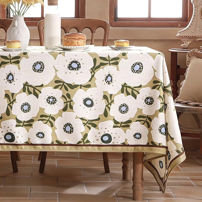 Designer Vintage Rectangular Tablecloth,Linen French Tablecloth with White Floral Pattern,Decorative Table Cover for Kitchen,Dining,Thanksgiving,Tea Party,63" × 87"-Hidaka