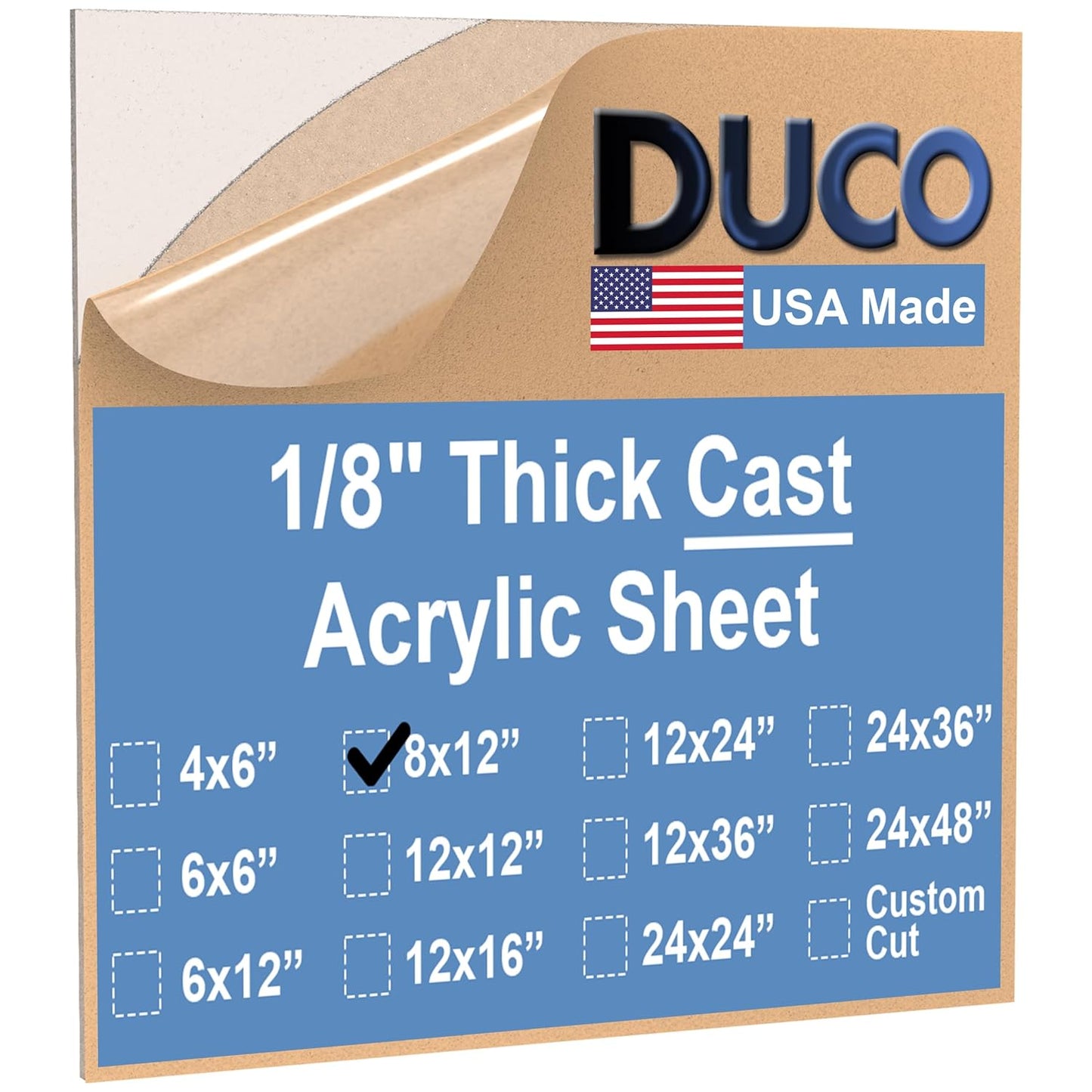 Duco USA-Made Clear Cast Acrylic Sheet 1/8 Inch Thick 8" x 12" - 1 Pack of Transparent Plexiglass Sheet - Lightweight Acrylic Board for Window Replacements, Displays, Signs, and More