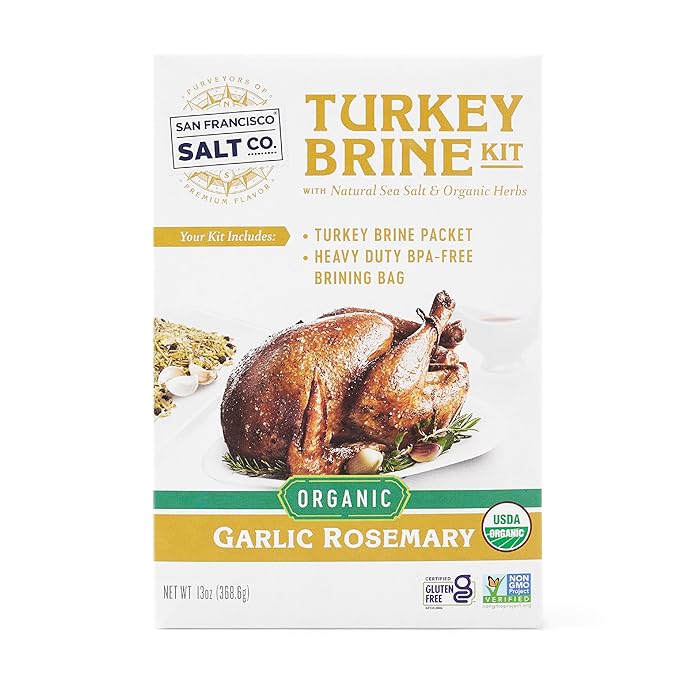 San Francisco Salt Company Organic Turkey Brine Kit – 13 oz Garlic & Rosemary Blend with BPA-Free Brine Bag – Certified Organic & Kosher Seasoning for Whole, Smoked, Oven-Roasted, or