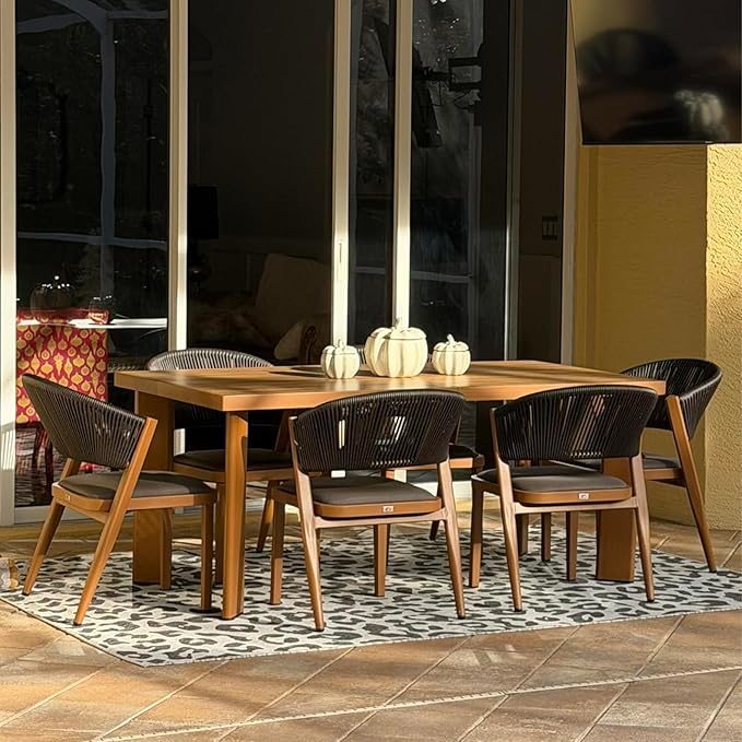 PURPLE LEAF 7-Piece Patio Dining Set Outdoor Furniture Rectangular Table and Chairs Set with Aluminum Frame and Teak-Finish for Garden Deck Backyard Kitchen Deep Teak Outdoor Set