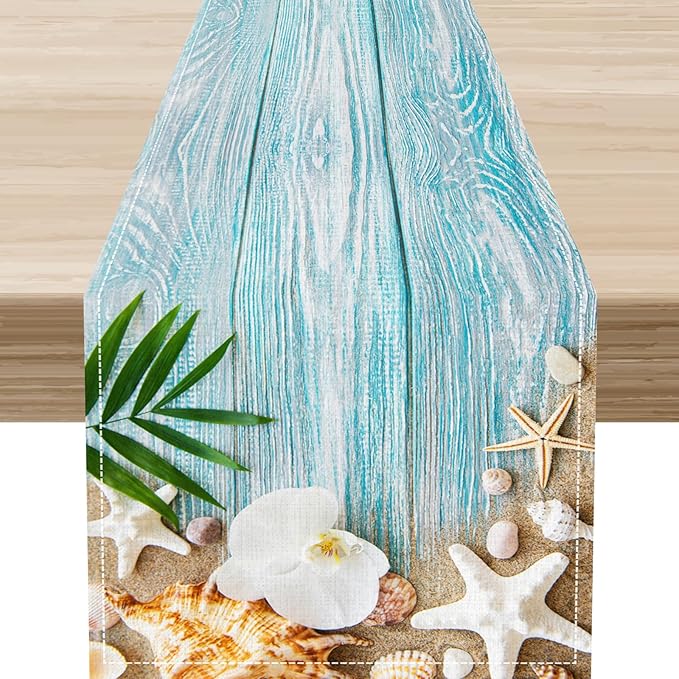 Blue Wooden Starfish Table Runner, Turquoise Tropical Summer Sandy Ocean Beach Coffee Table Center Deco, for Kitchen Family Festival Farmhouse Party and Living Room Table Decorations, 13" X 72"